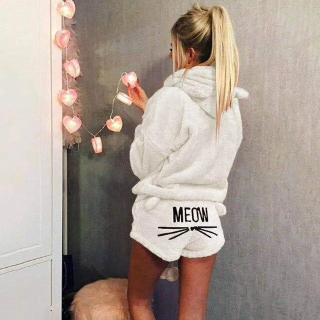 Cute Pajama Sets For Women Winter Hooded Sleepwear Flannel 2 Pcs Pyjama Suits Femme Cartoon Cat Pijama Feminino Plus Size 5XL