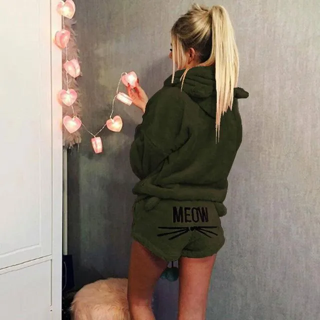 Cute Pajama Sets For Women Winter Hooded Sleepwear Flannel 2 Pcs Pyjama Suits Femme Cartoon Cat Pijama Feminino Plus Size 5XL