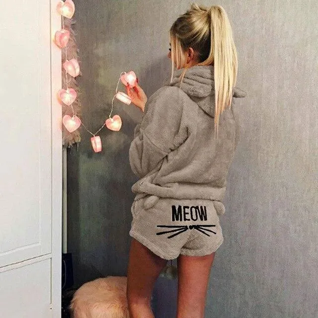 Cute Pajama Sets For Women Winter Hooded Sleepwear Flannel 2 Pcs Pyjama Suits Femme Cartoon Cat Pijama Feminino Plus Size 5XL