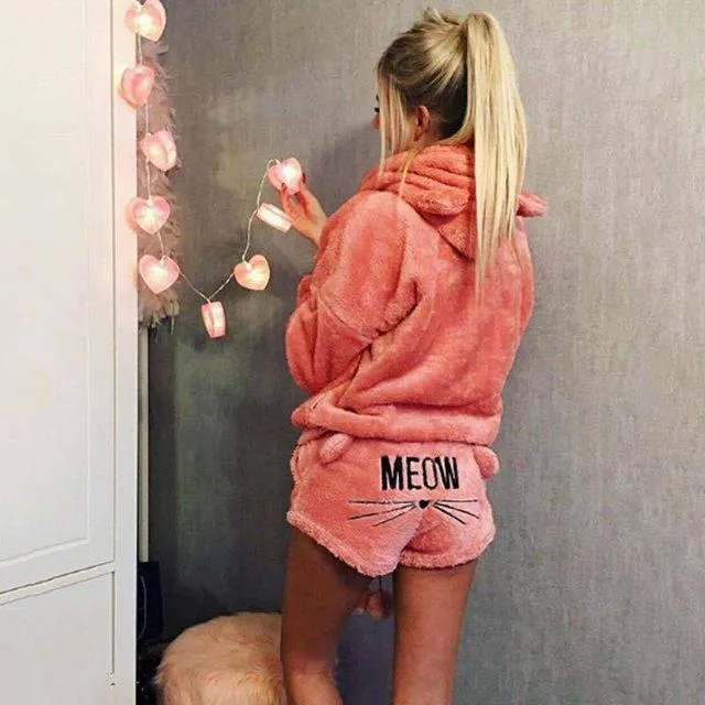 Cute Pajama Sets For Women Winter Hooded Sleepwear Flannel 2 Pcs Pyjama Suits Femme Cartoon Cat Pijama Feminino Plus Size 5XL