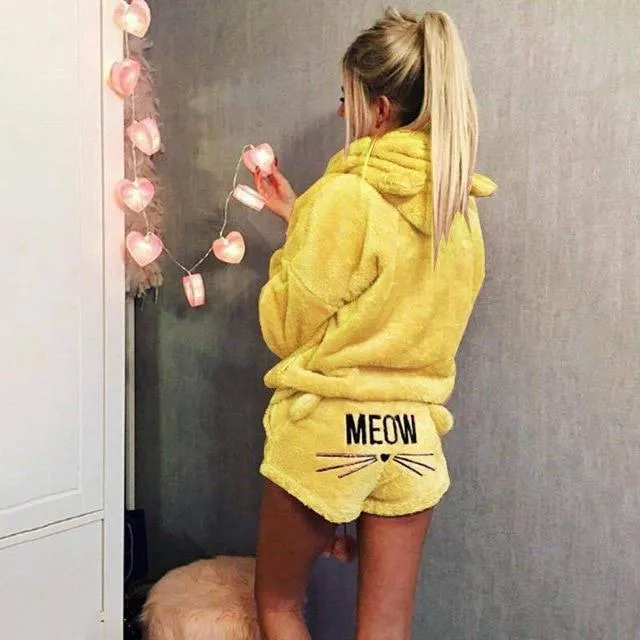 Cute Pajama Sets For Women Winter Hooded Sleepwear Flannel 2 Pcs Pyjama Suits Femme Cartoon Cat Pijama Feminino Plus Size 5XL