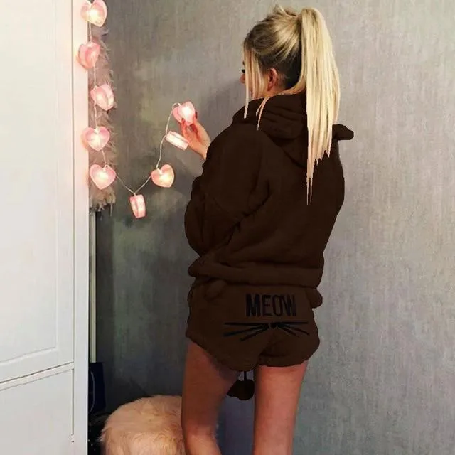Cute Pajama Sets For Women Winter Hooded Sleepwear Flannel 2 Pcs Pyjama Suits Femme Cartoon Cat Pijama Feminino Plus Size 5XL