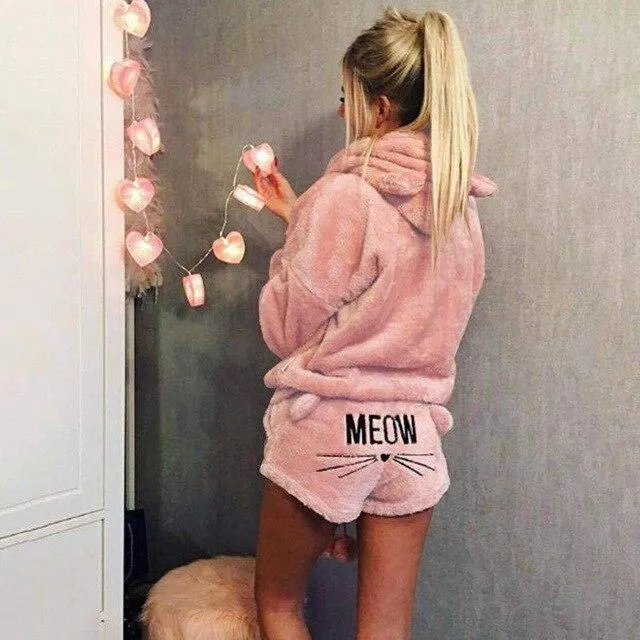 Cute Pajama Sets For Women Winter Hooded Sleepwear Flannel 2 Pcs Pyjama Suits Femme Cartoon Cat Pijama Feminino Plus Size 5XL