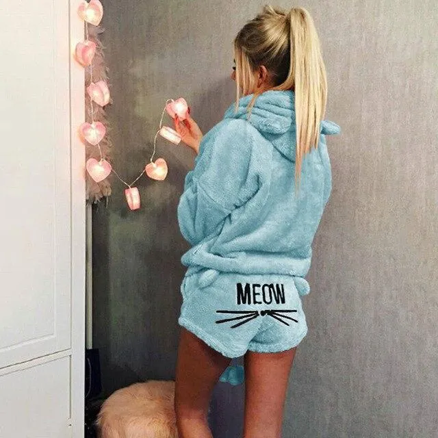 Cute Pajama Sets For Women Winter Hooded Sleepwear Flannel 2 Pcs Pyjama Suits Femme Cartoon Cat Pijama Feminino Plus Size 5XL