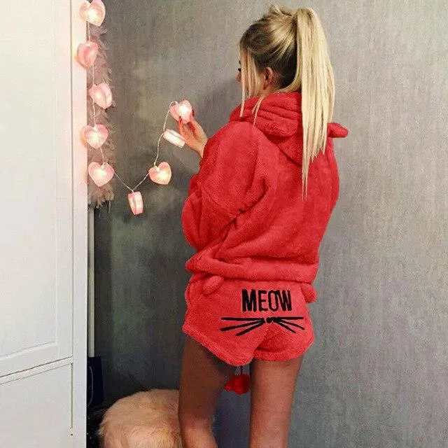 Cute Pajama Sets For Women Winter Hooded Sleepwear Flannel 2 Pcs Pyjama Suits Femme Cartoon Cat Pijama Feminino Plus Size 5XL