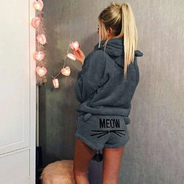 Cute Pajama Sets For Women Winter Hooded Sleepwear Flannel 2 Pcs Pyjama Suits Femme Cartoon Cat Pijama Feminino Plus Size 5XL