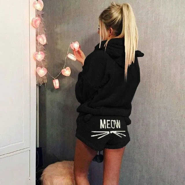 Cute Pajama Sets For Women Winter Hooded Sleepwear Flannel 2 Pcs Pyjama Suits Femme Cartoon Cat Pijama Feminino Plus Size 5XL