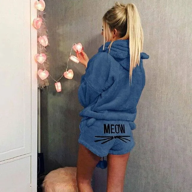 Cute Pajama Sets For Women Winter Hooded Sleepwear Flannel 2 Pcs Pyjama Suits Femme Cartoon Cat Pijama Feminino Plus Size 5XL