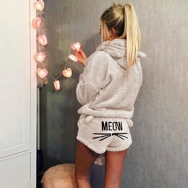 Cute Pajama Sets For Women Winter Hooded Sleepwear Flannel 2 Pcs Pyjama Suits Femme Cartoon Cat Pijama Feminino Plus Size 5XL