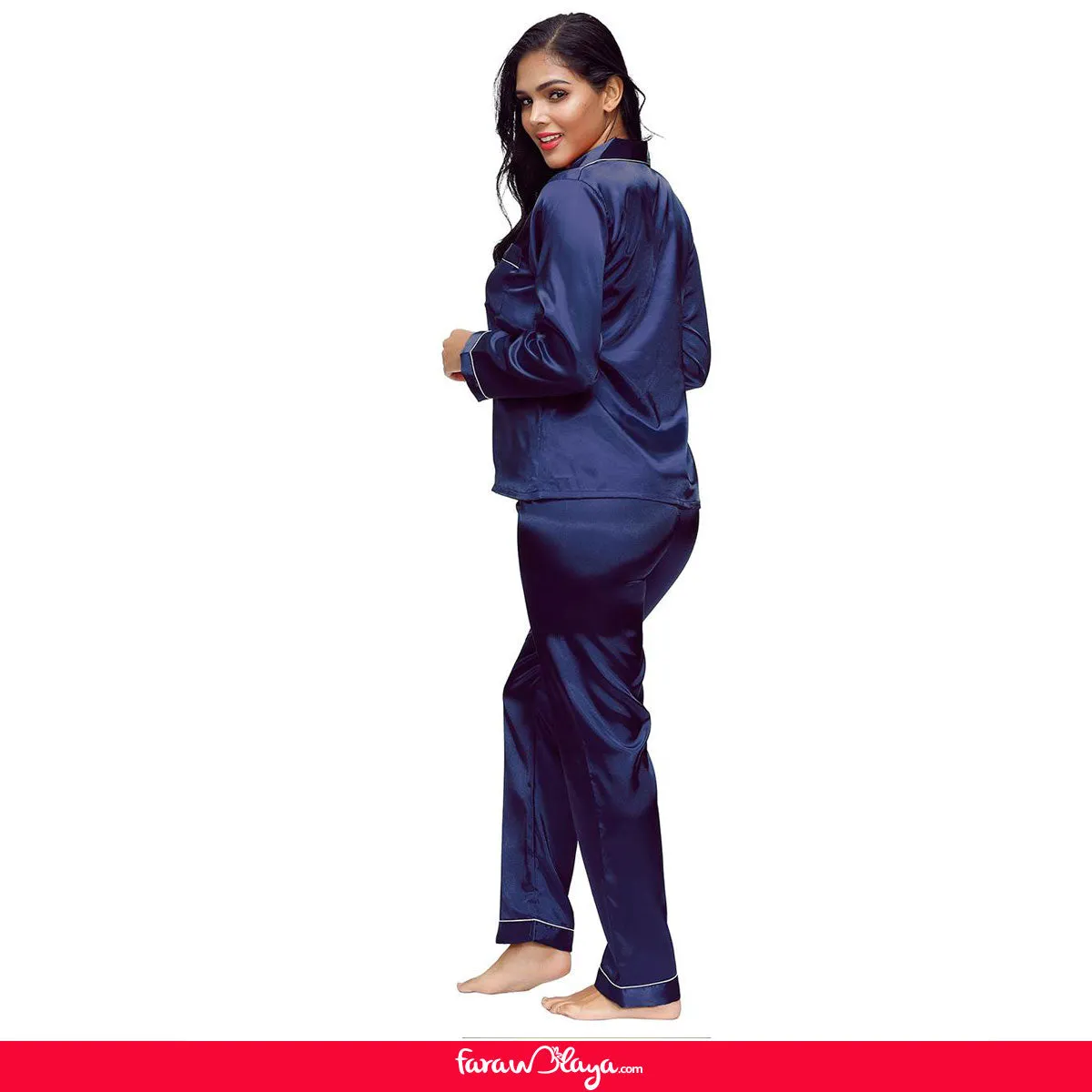 Dark Blue Long Sleeve Silk Pajamas Set Two Piece Set
