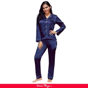 Dark Blue Long Sleeve Silk Pajamas Set Two Piece Set