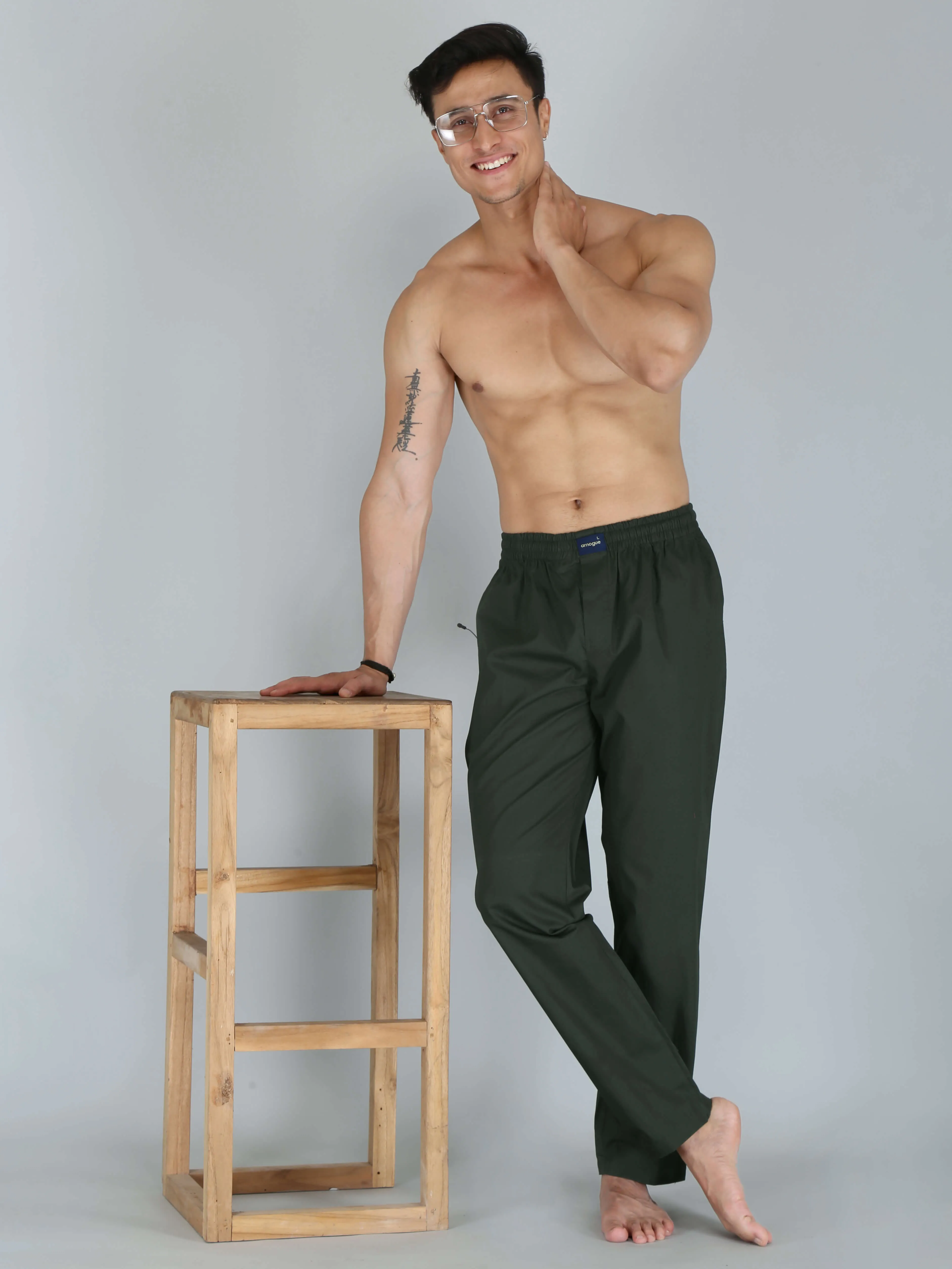 Dark Green Printed Pure Cotton Pajamas For Men