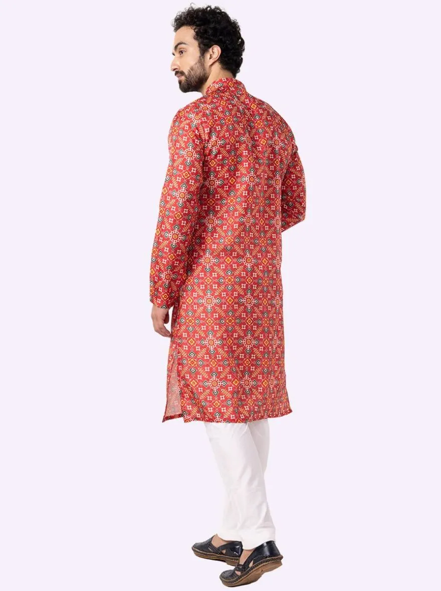 Designer Melon Red Printed Kurta For Men