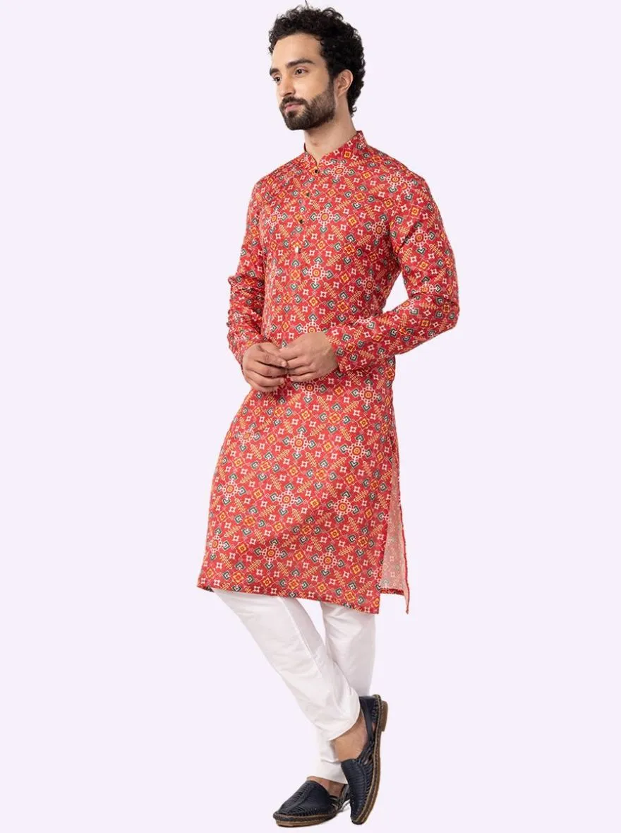 Designer Melon Red Printed Kurta For Men