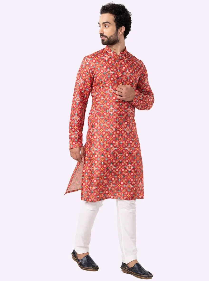 Designer Melon Red Printed Kurta For Men