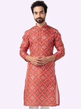Designer Melon Red Printed Kurta For Men