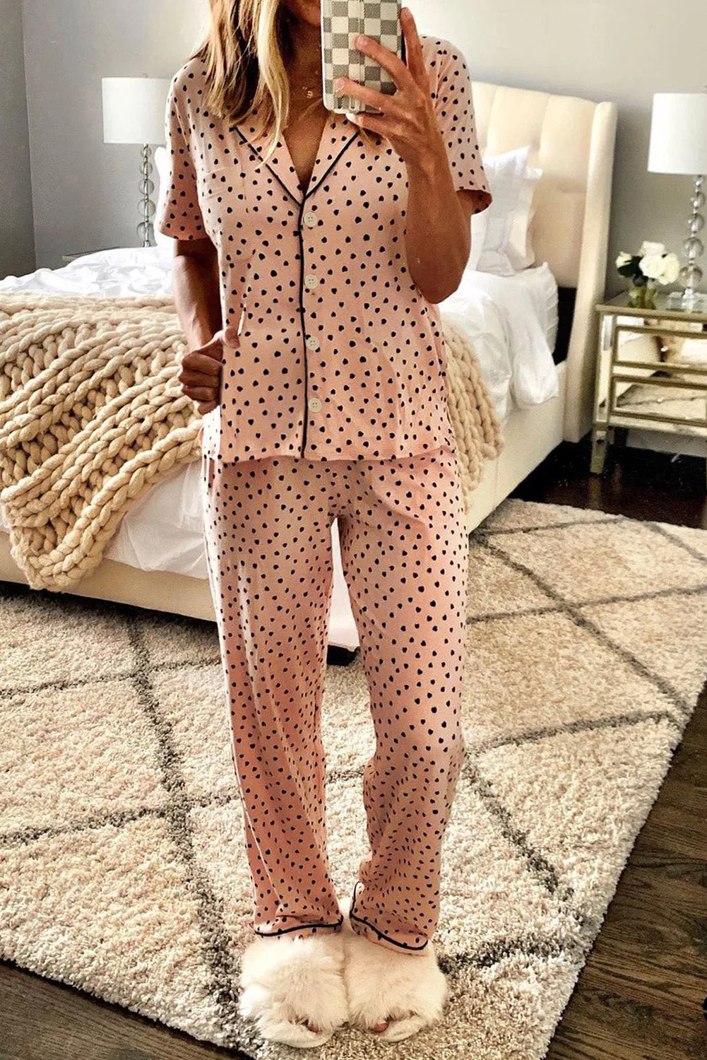Dotted Button Down Night Pants And Shirts For Ladies