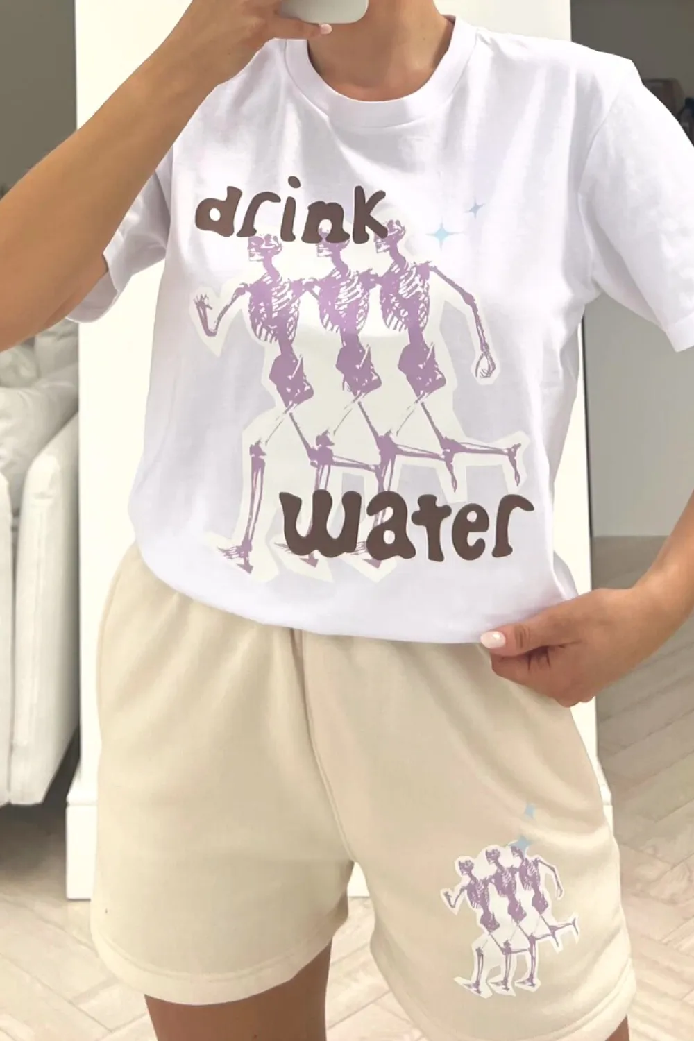 drink water white printed short tee coord