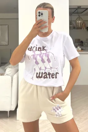drink water white printed short tee coord