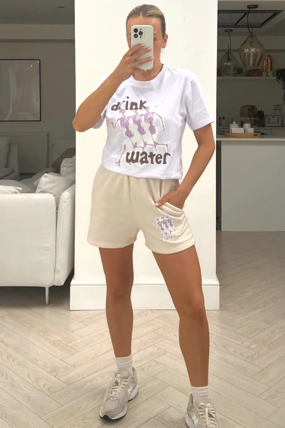 drink water white printed short tee coord