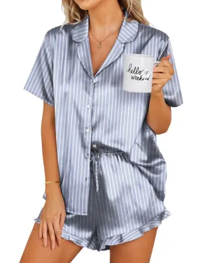 Ekouaer Silk Pajamas Womens Short Sleeve Sleepwear 2 Piece Satin Pjs Shorts Set Button Down Loungewear Striped Grey Blue M