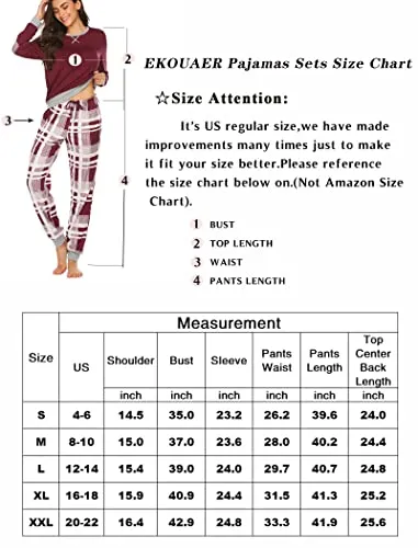 Ekouaer Women's Long Sleeve Pj Soft Crew Neck Pajama Long Sleeve Sweatshirt with Long Pants Red Plaid,Medium