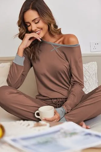 Ekouaer Women's Long Sleeve Pj Soft Crew Neck Pajama Long Sleeve Sweatshirt with Long Pants Red Plaid,Medium