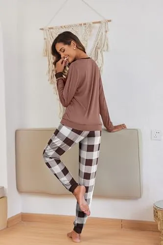 Ekouaer Women's Long Sleeve Pj Soft Crew Neck Pajama Long Sleeve Sweatshirt with Long Pants Red Plaid,Medium