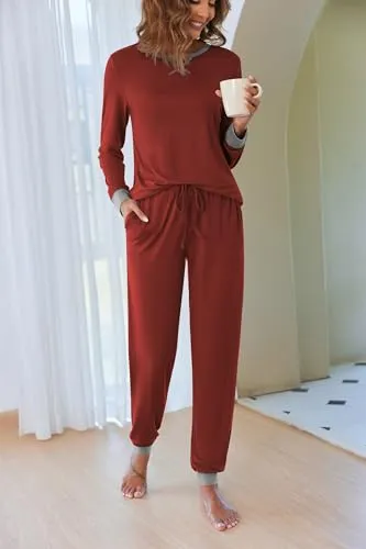 Ekouaer Women's Long Sleeve Pj Soft Crew Neck Pajama Long Sleeve Sweatshirt with Long Pants Red Plaid,Medium