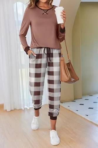 Ekouaer Women's Long Sleeve Pj Soft Crew Neck Pajama Long Sleeve Sweatshirt with Long Pants Red Plaid,Medium