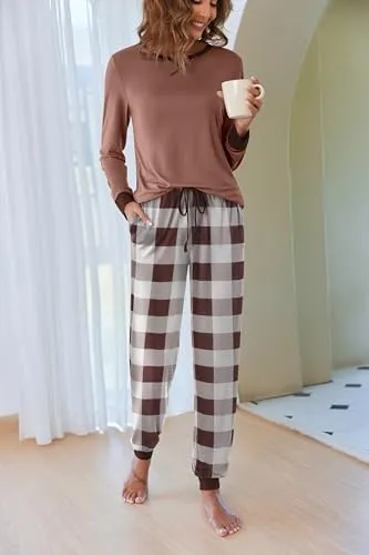 Ekouaer Women's Long Sleeve Pj Soft Crew Neck Pajama Long Sleeve Sweatshirt with Long Pants Red Plaid,Medium