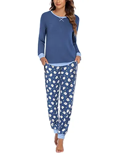 Ekouaer Women's Long Sleeve Pj Soft Crew Neck Pajama Long Sleeve Sweatshirt with Long Pants Red Plaid,Medium