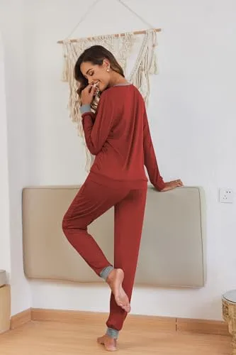Ekouaer Women's Long Sleeve Pj Soft Crew Neck Pajama Long Sleeve Sweatshirt with Long Pants Red Plaid,Medium