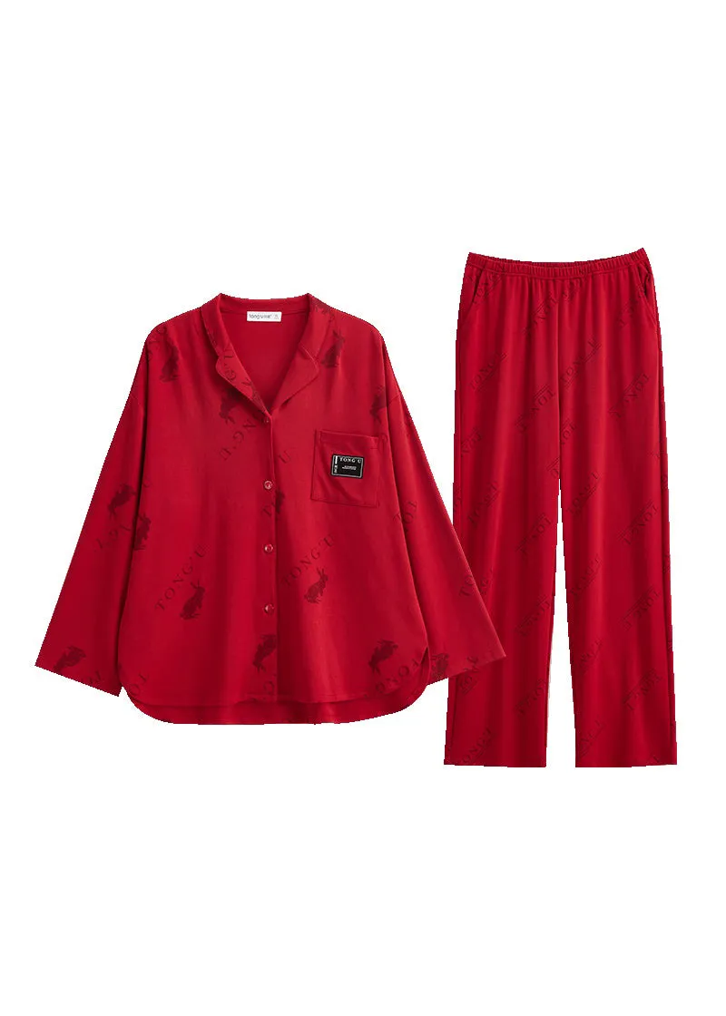 Fine Red Peter Pan Collar Print Button Cotton Couple Pajamas Two Pieces Set Spring LY2751