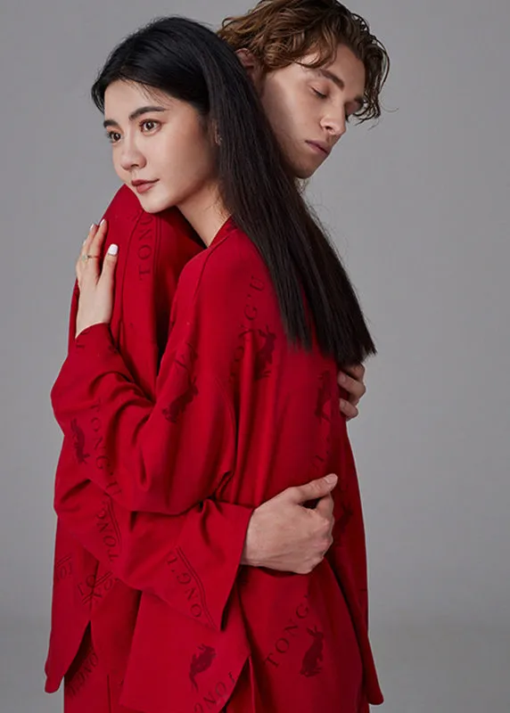 Fine Red Peter Pan Collar Print Button Cotton Couple Pajamas Two Pieces Set Spring LY2751