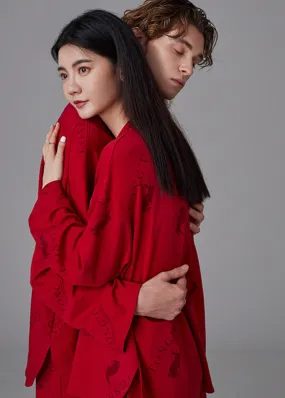 Fine Red Peter Pan Collar Print Button Cotton Couple Pajamas Two Pieces Set Spring LY2751