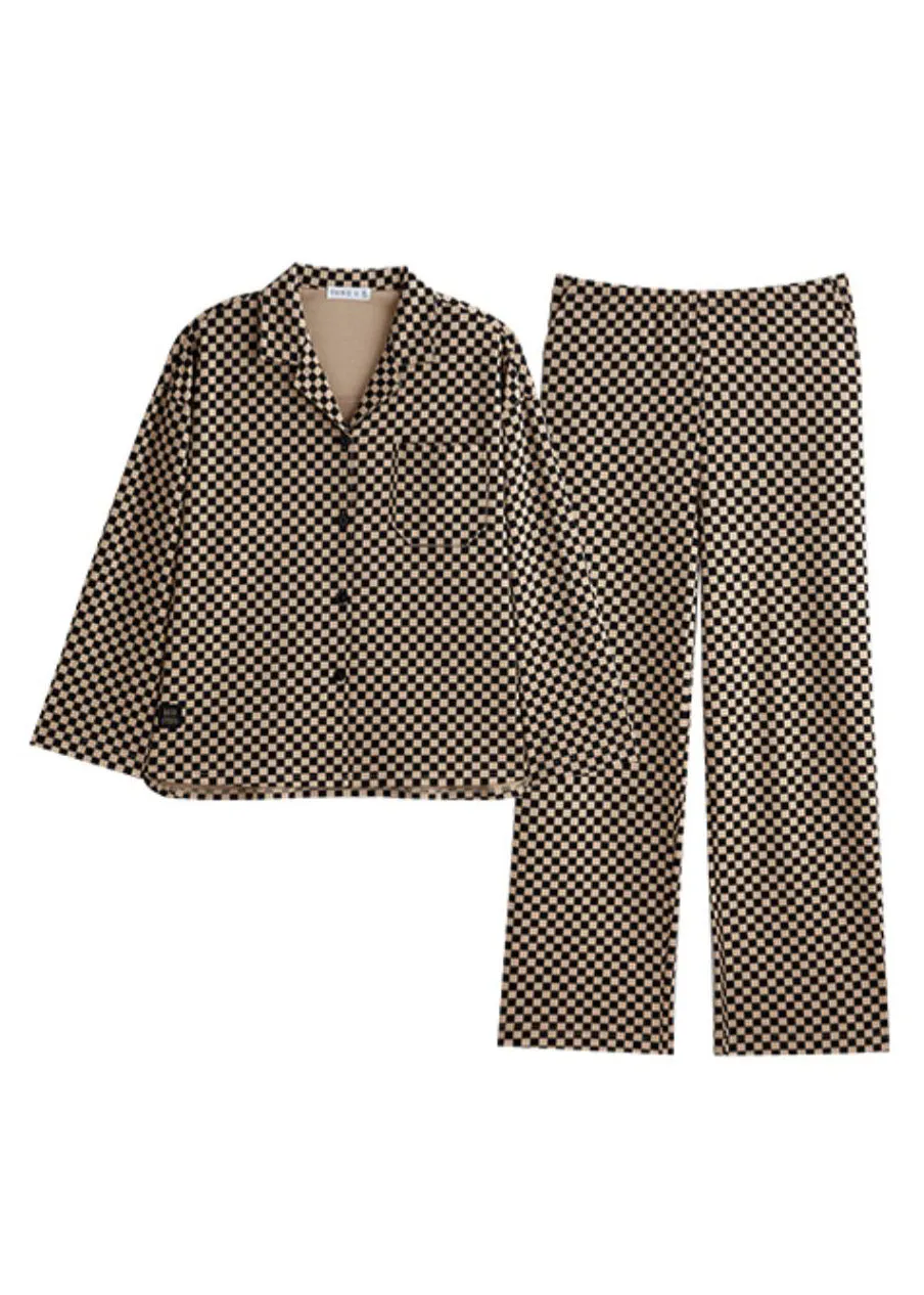 Fitted Plaid Peter Pan Collar Button Cotton Couple Pajamas Two Pieces Set Spring LY2843