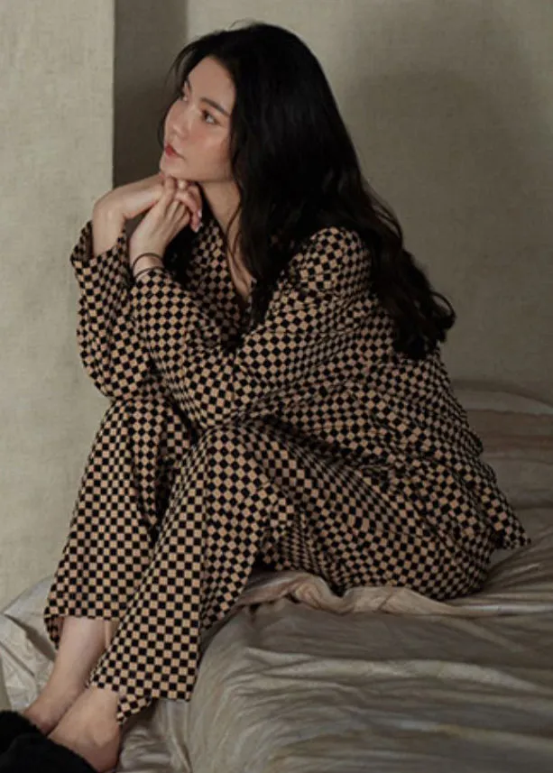 Fitted Plaid Peter Pan Collar Button Cotton Couple Pajamas Two Pieces Set Spring LY2843