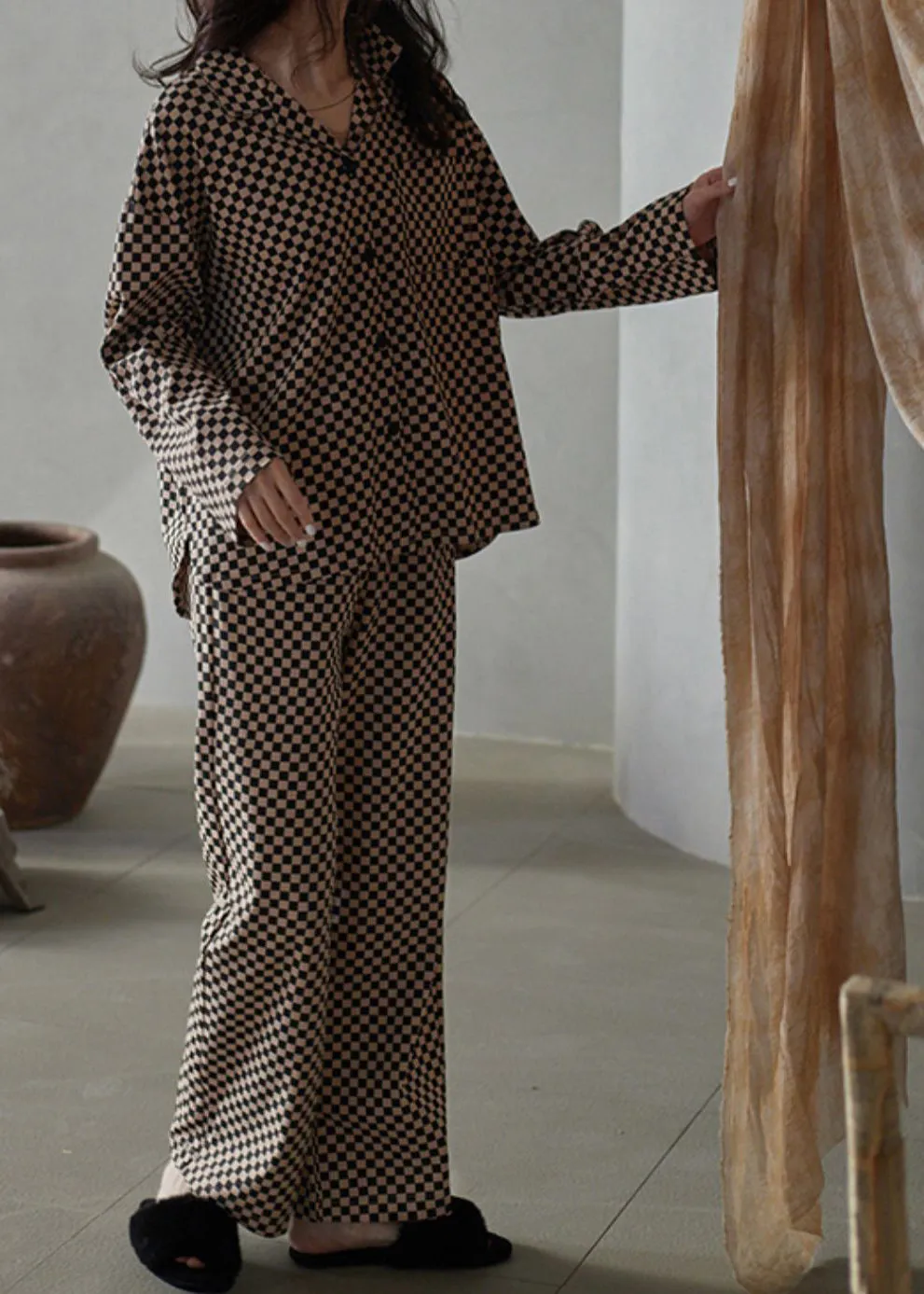 Fitted Plaid Peter Pan Collar Button Cotton Couple Pajamas Two Pieces Set Spring LY2843