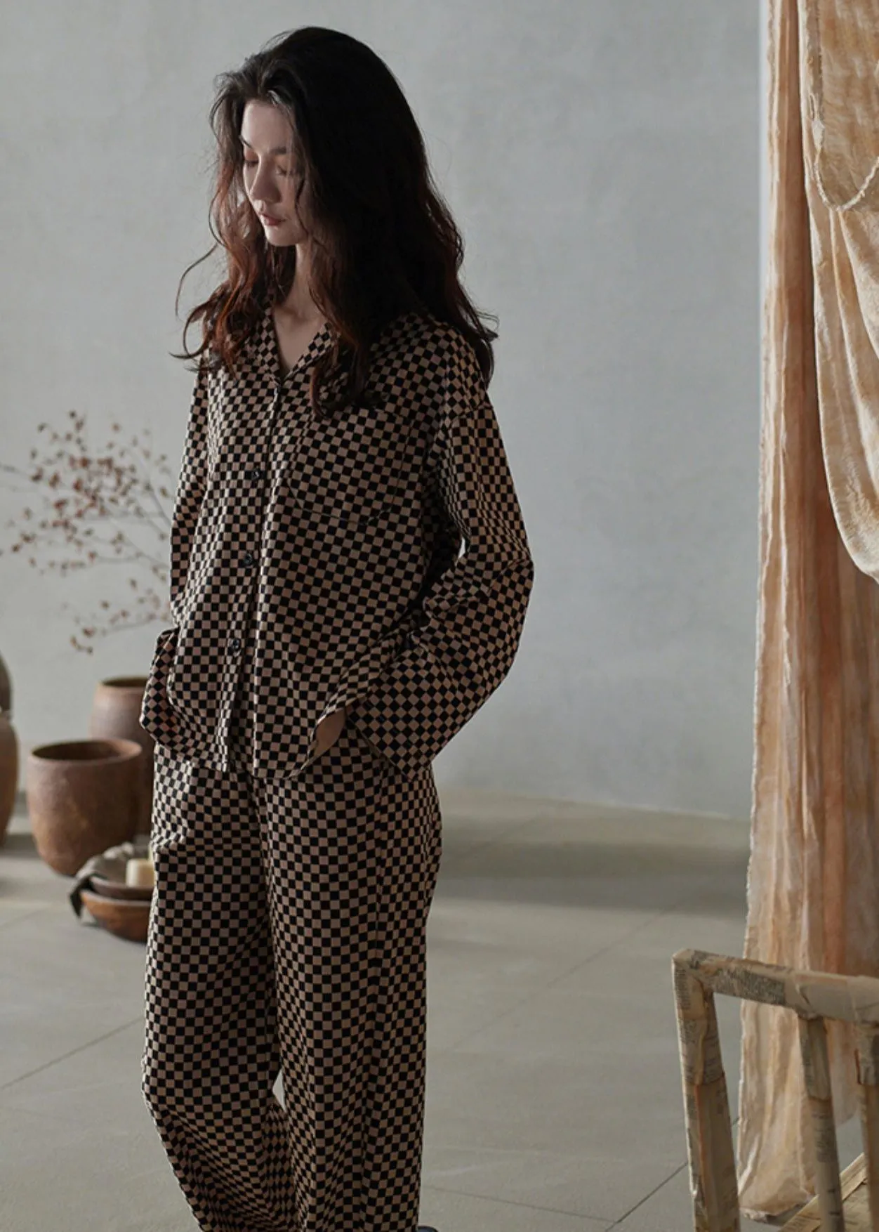 Fitted Plaid Peter Pan Collar Button Cotton Couple Pajamas Two Pieces Set Spring LY2843