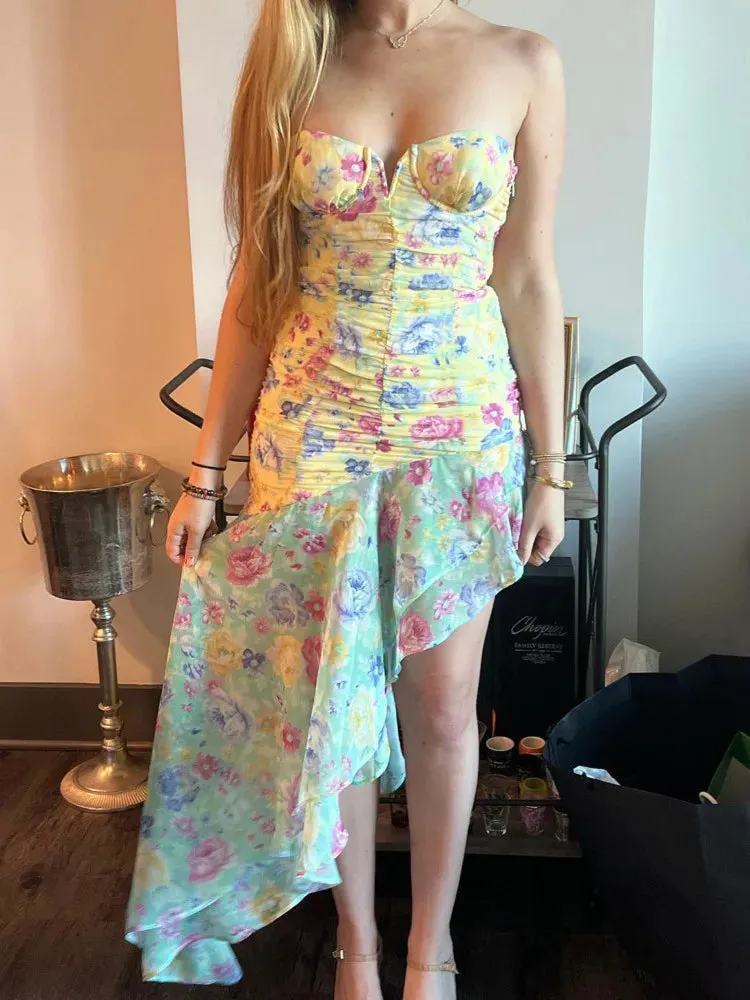 Girlary Summer Chic Print Mesh Patchwork Ruched Midi Dress Women's Clothing Off Shoulder Irregular Ladies Elegant Robe
