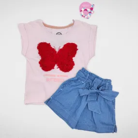 Girls Set - Cotton Tshirt & Short Jeans - "Butterfly" Pink (Red Butterfly)