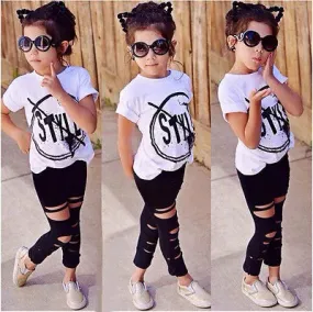 Girls Short Sleeve Print T-Shirt   Hole Pant Leggings 2PCS Outfit Set*