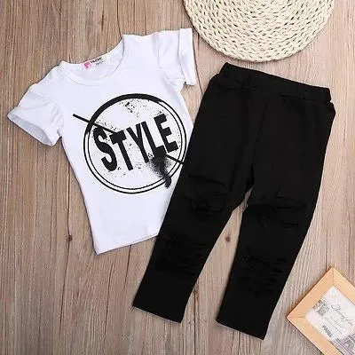 Girls Short Sleeve Print T-Shirt   Hole Pant Leggings 2PCS Outfit Set*