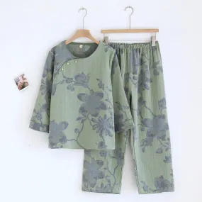Green Magnolia Floral Print Pajama Set