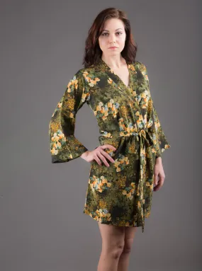 Green Silk Digital Print Floral Knee Length, Kimono Crossover Belted Robe