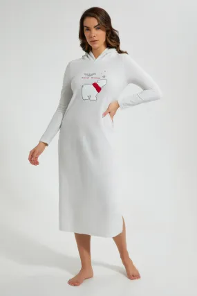 Grey Melange Bear Nightgown With Hoodie