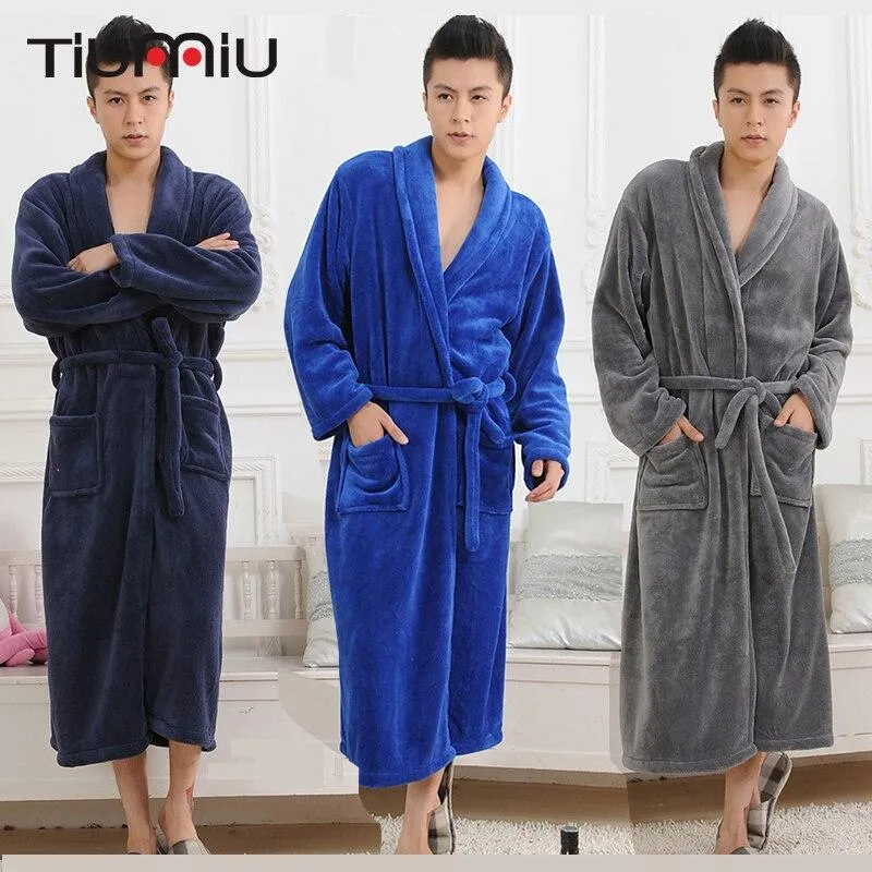 High Quality 6 Colors Winter Autumn Flannel Men Bath Robes with Belt Gentlemen Homewear Long Nightgown Sleepwear Lounges Pajamas