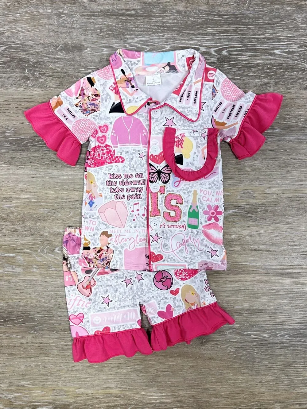 Hot Pink Ruffle Singer Girls Short Sleeve Pajama Set