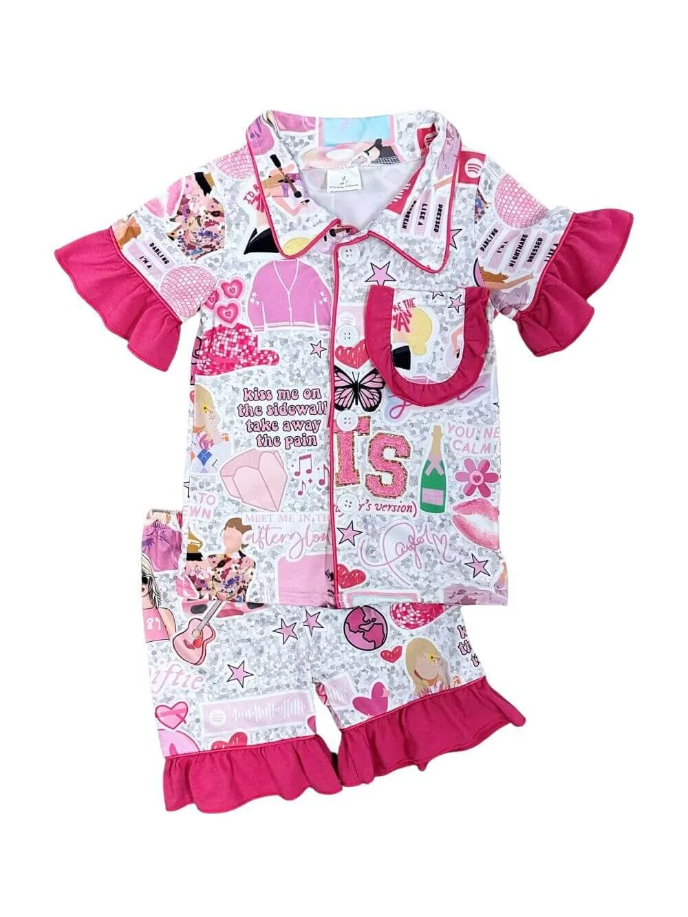 Hot Pink Ruffle Singer Girls Short Sleeve Pajama Set